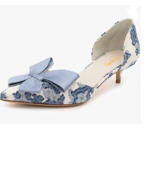 XYD Blue Bloom Embroidery D'Orsay Kitten Heel Bridal Bowknot Point Toe Pumps